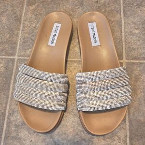 Steve Madden Silver Rhinestone Slides 6.5   Sparkly Crystal Bling Flat Sandals